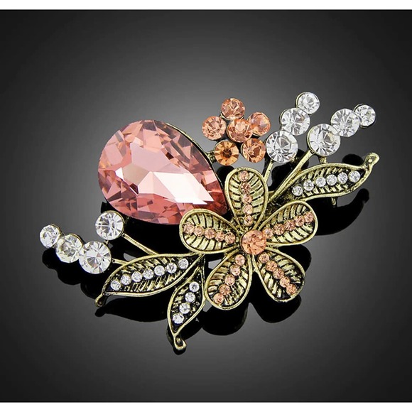 Vintage Style Retro Floral Brooch Pin Peach Clear Rhinestones - Picture 2 of 7